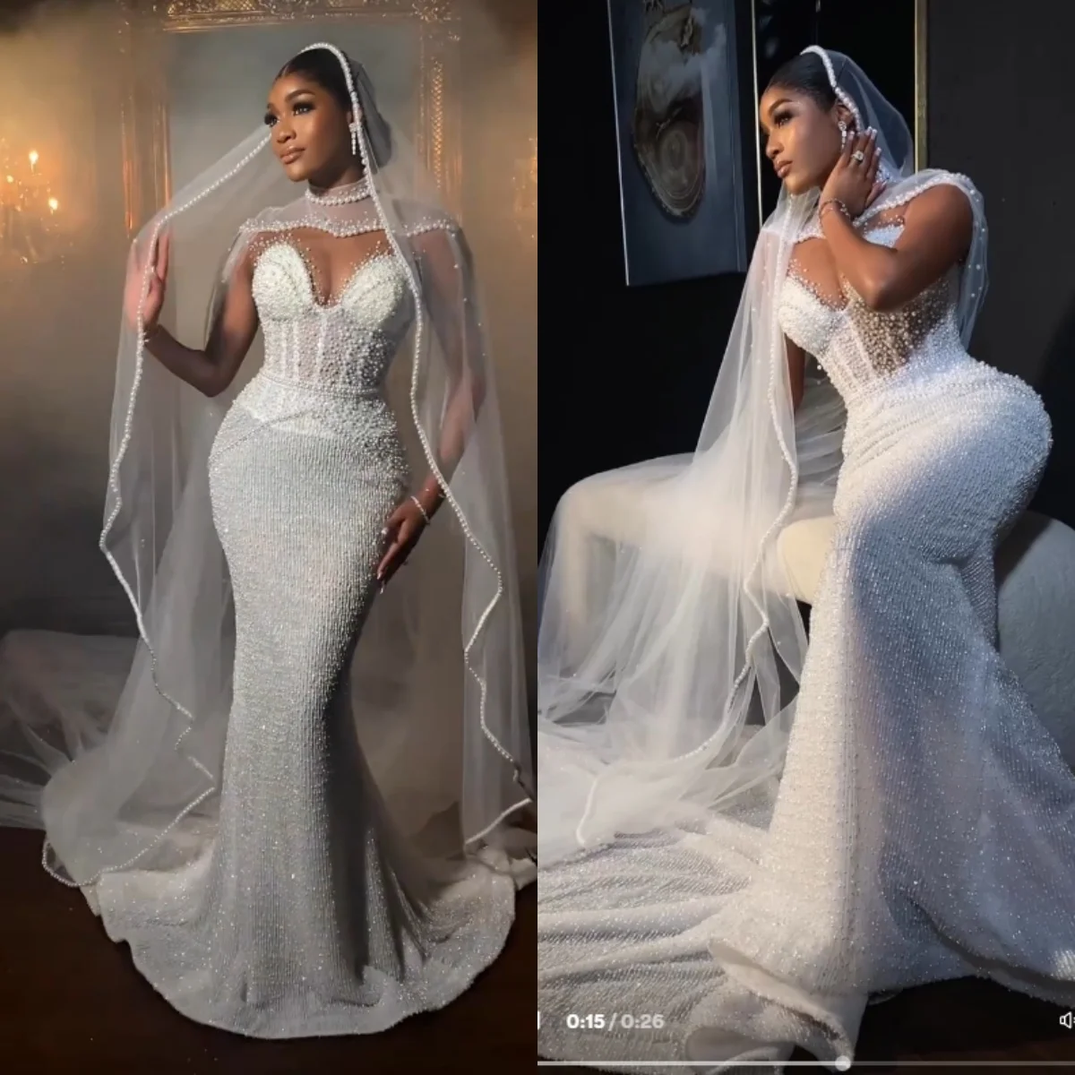 

Custom Luxury Pearl Beaded Mermaid Wedding Dress 2026 Sheer Cape Corset Bridal Gown Cathedral Train Plus Size Vestido De Novia