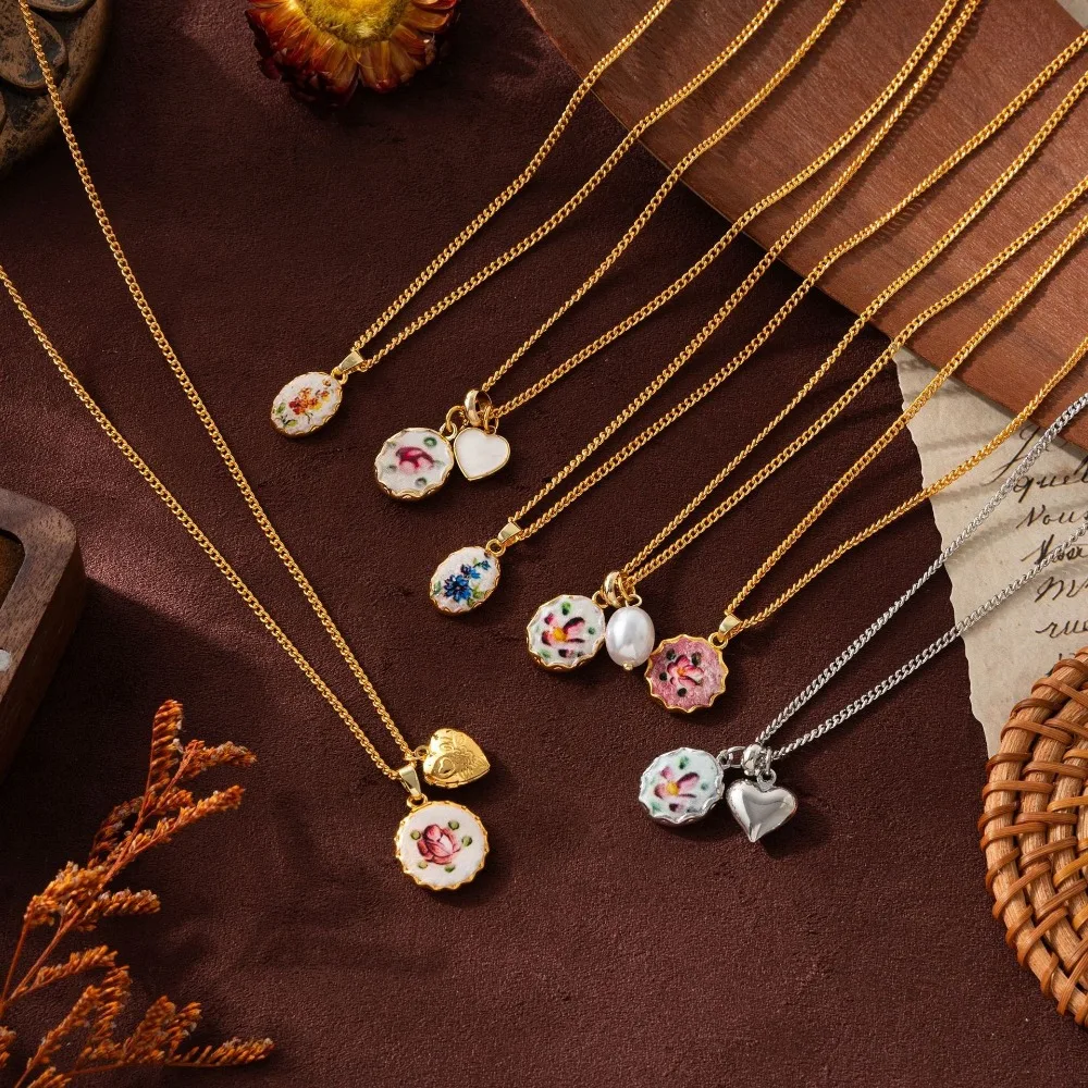 

Vintage Enamel Floral Pendant Necklace, Dainty Hand Painted Flower Charm Gold Silver Chain Minimalist Daily Layering Jewelry