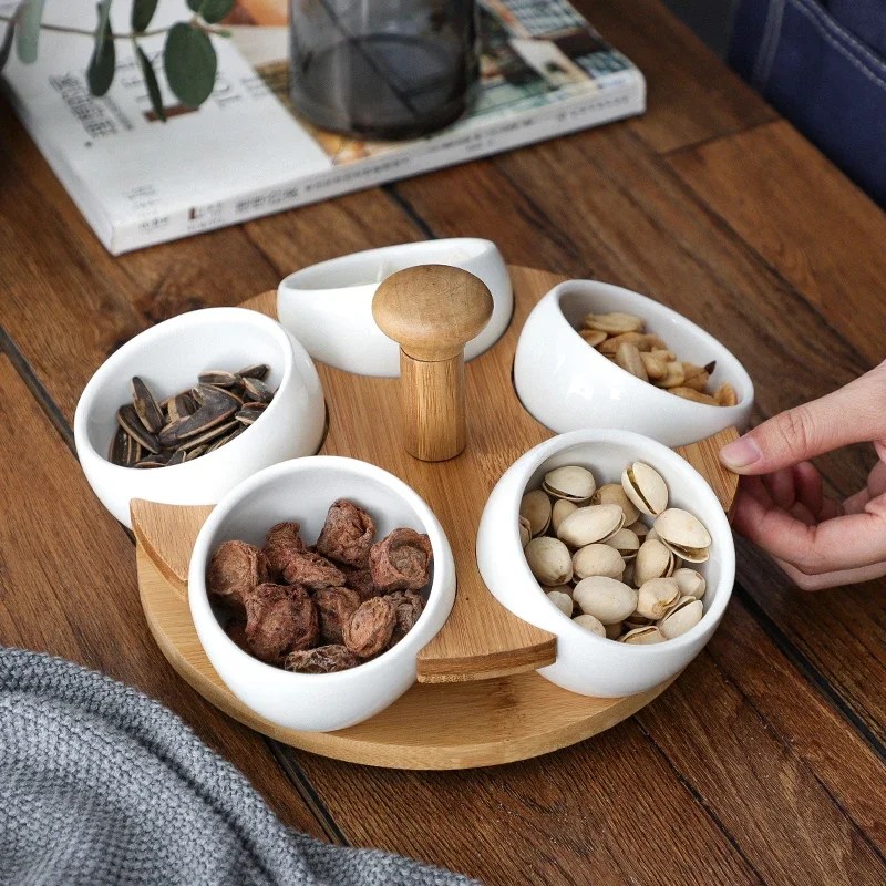 

Creativity Ceramic Grid Fruit Plate Round Wooden Bottom Modern Style Home Dried Snack Candy Platter Storage Box