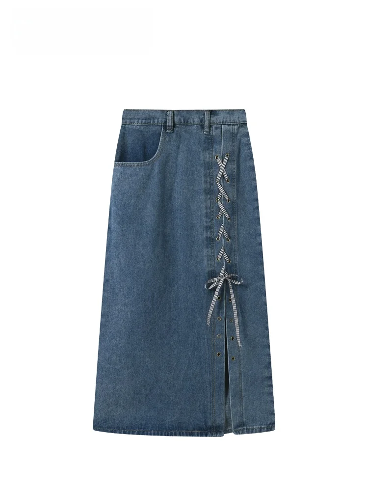 

Синяя джинсовая юбка больших размеров с высокой талией, женская модная возрастная дизайнерская летняя коллекция CaraCLUB, повседневный прямой крой