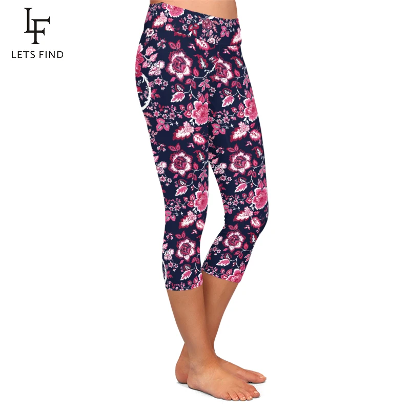 Letsfind empurrar para cima belas flores design feminino impressão capri leggings de cintura alta fitness macio meados de bezerro leggings verão