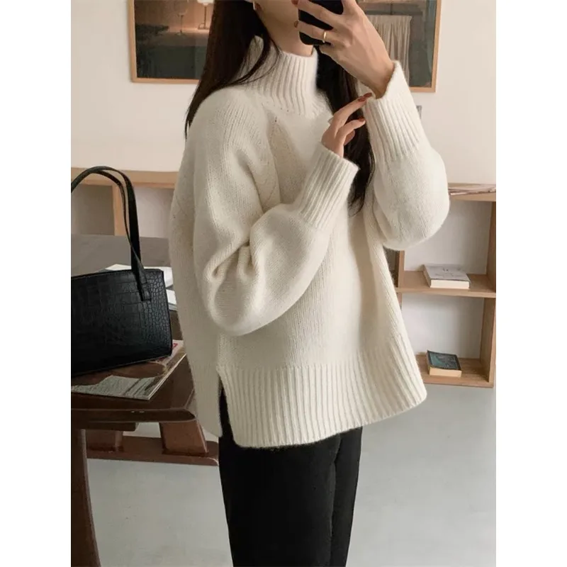 

Quality Wool Sweater Women Turtleneck Fashion Knit Pullover Slit Hem Soft Comfort Loose Casual Warm Top Autumn Winter Knitwear