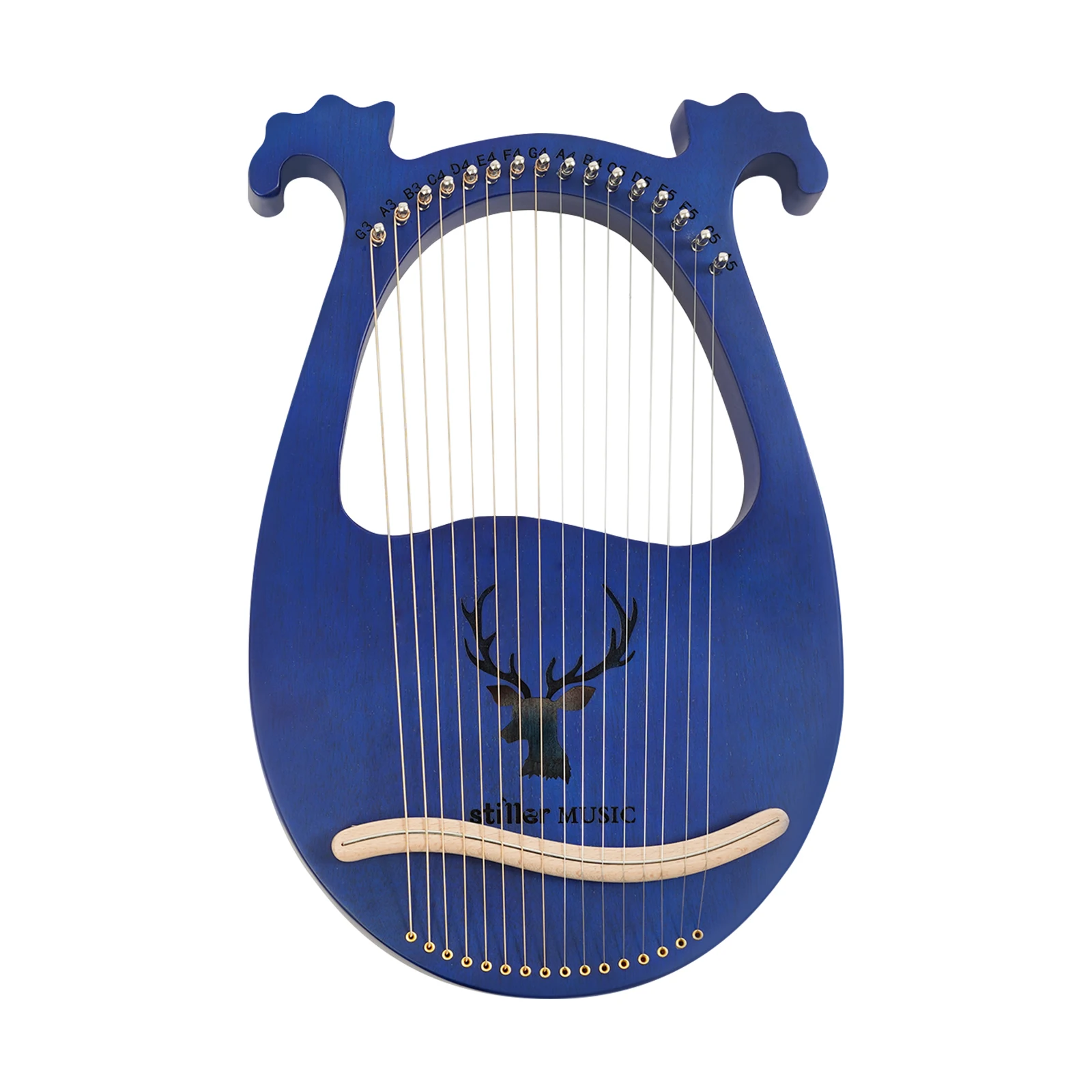 قيثارة قيثارة محمولة مكونة من 16 وترًا (أزرق)، من خشب الماهوجني الصلب - صوت واضح، تصميم قرن الوعل، خفيفة الوزن 2.93 رطل، مع أوتار إضافية