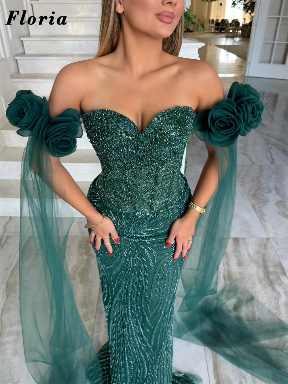 Elegant Off Shoulder Evening Dresses Green Mermaid Prom Dress Customized Crystals Beaded Wedding Party Gowns Vestido De Noite