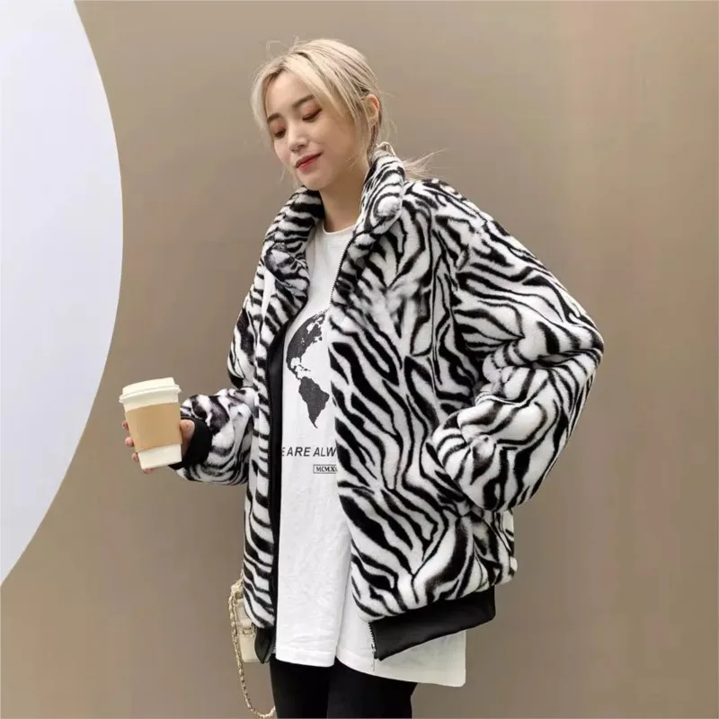 معطف فرو وصوف مختلط كبير الحجم بنمط جديد وياقة واقفة وسحاب ملابس نسائية بأنماط ملولبة #2