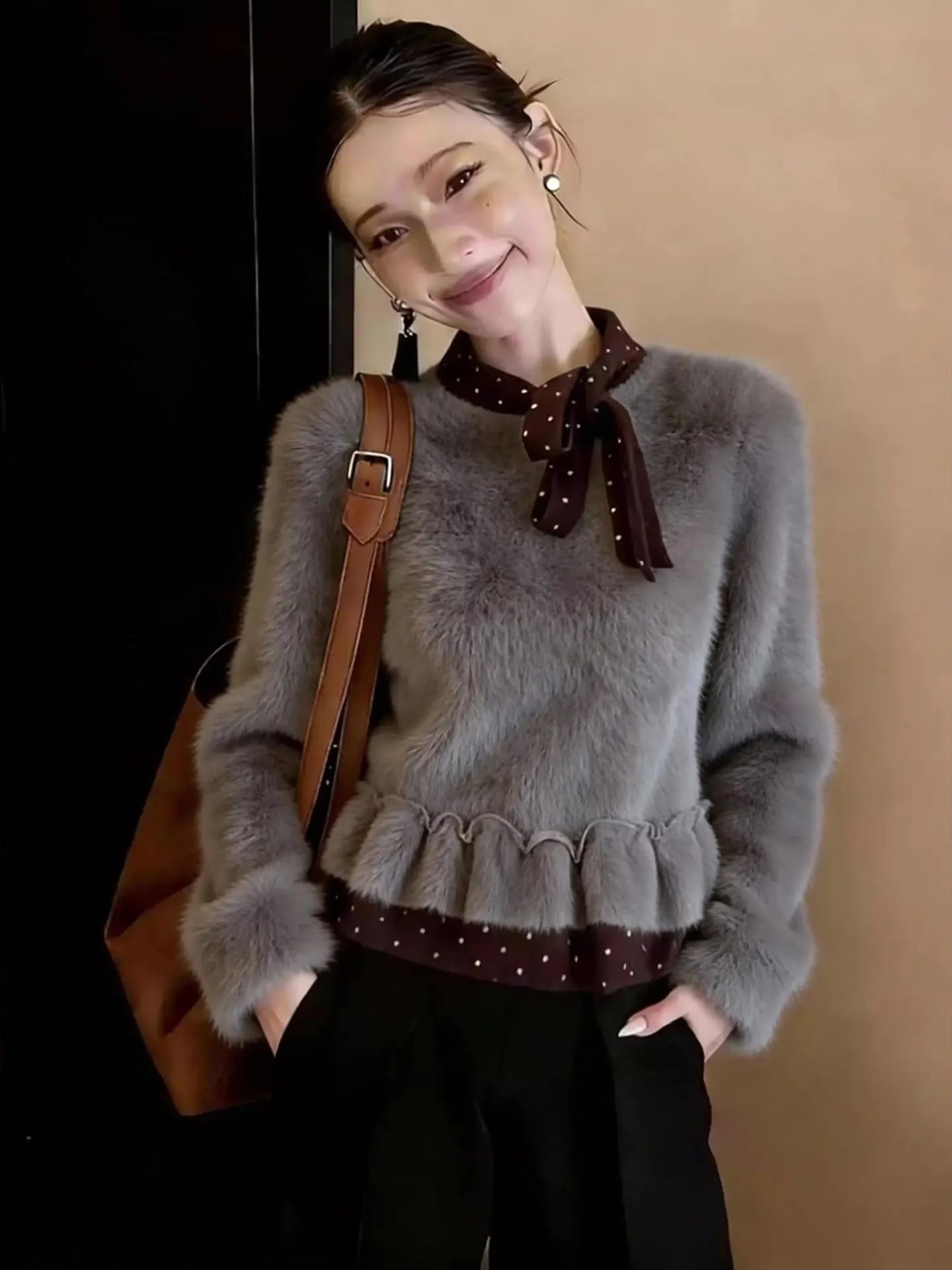 

Женский трикотаж с узлом и завязками для поездок на работу, новинка зимы 2025 года, топ Ele для поездок на работу