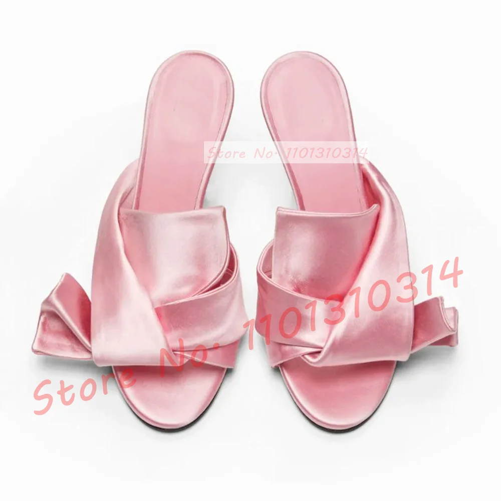 Red Satin Bowknot Mules With High Heels Women Open Toe Elegant Summer Slippers Female Outdoor Lovely Feminine Foldover Shoes