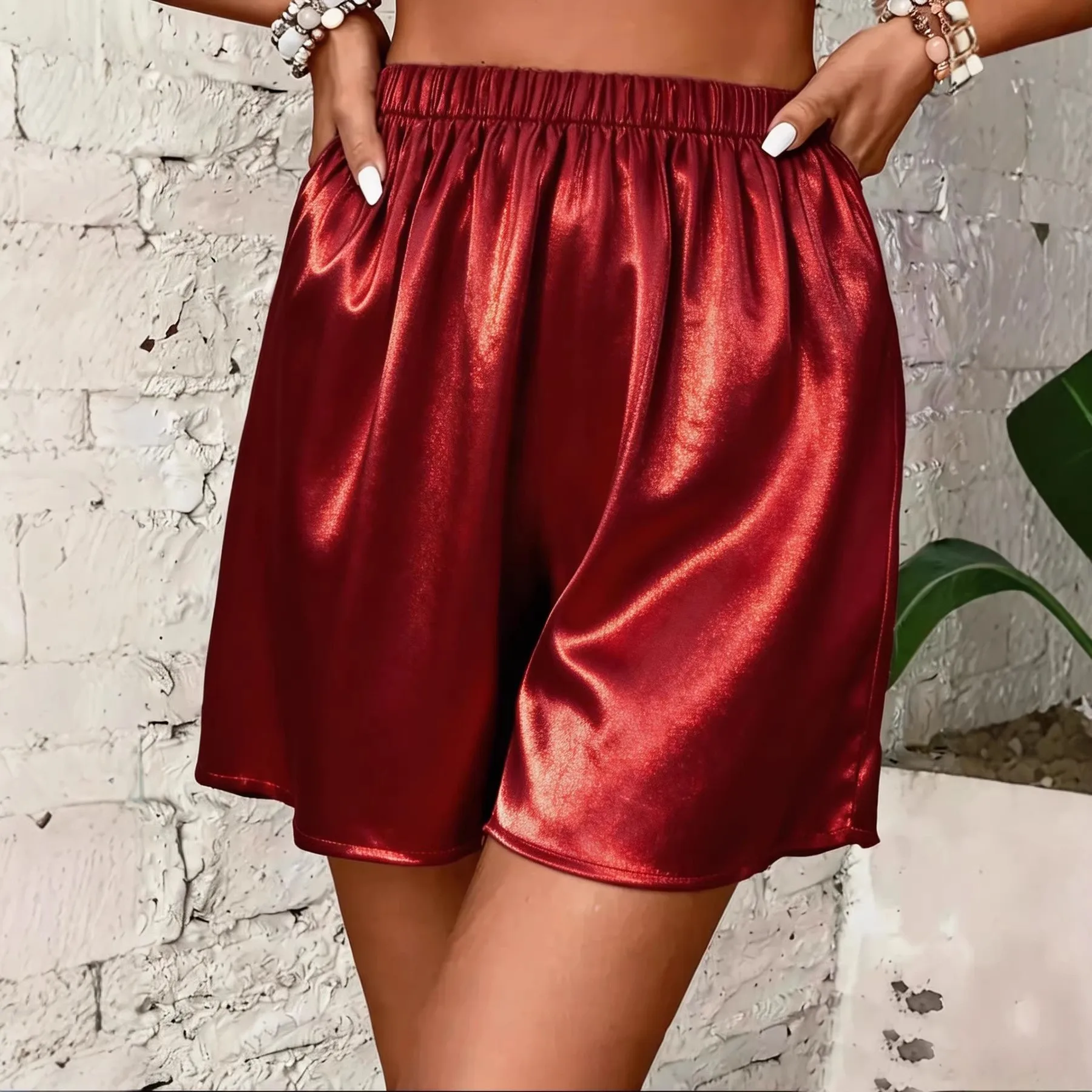 

Summer Women's Clothing Casual Shorts For Woman Satin Elastic Waist Loose Fit Lounge Wear Smooth Silky Three Quarter Pants