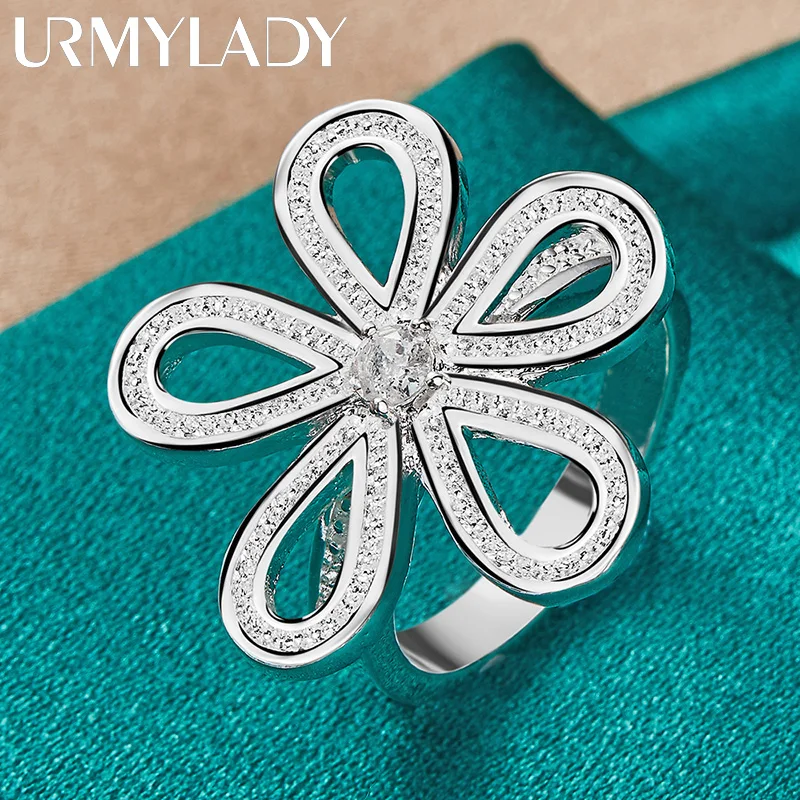 

URMYLADY 925 Sterling Silver Flower Zircon 7-10# Ring For Women Wedding Engagement Party Fashion Jewelry