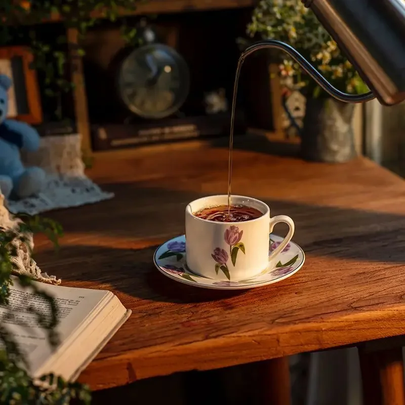 Taza  café  tulipán púrpura, vajilla  cerámica Vintage, taza  café para sayuno, platillo, postre, elegante juego  ta