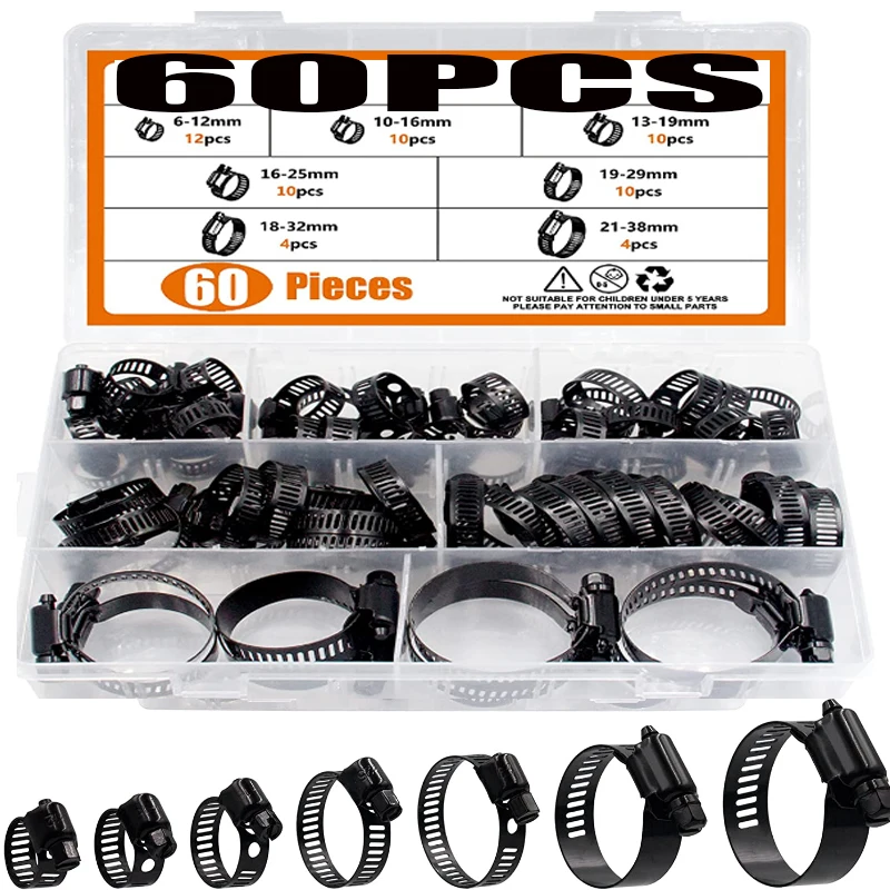 60/120PCS Clamps Stainless Steel Adjustable 6-38mm Range Worm Gear Black Hose Clamps Kit Clamps for Woodworking  Spring Clamp