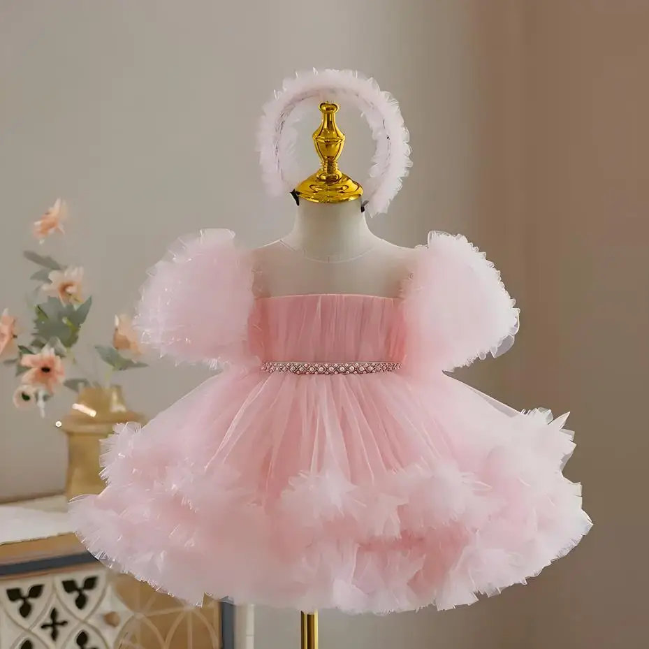 High-End Children's Pink Evening Gown Puff Sleeve Design Wedding Birthday Baptism Party Clothing Girls Dress A3306