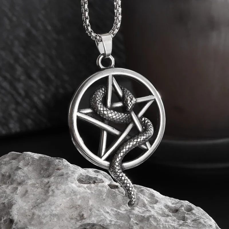 Vintage Gothic Boa Wrap Pentagram Pendant Stainless Steel Necklace for Men Women Satanic Church Punk Jewelry Gifts