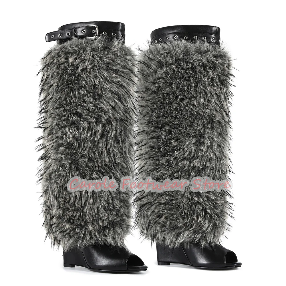 

Sexy Peep Toe Wedges High Heel Long Boots for Women Plush Splicing Leather Belt Buckle Knee High Boots Ladies Cool Boots