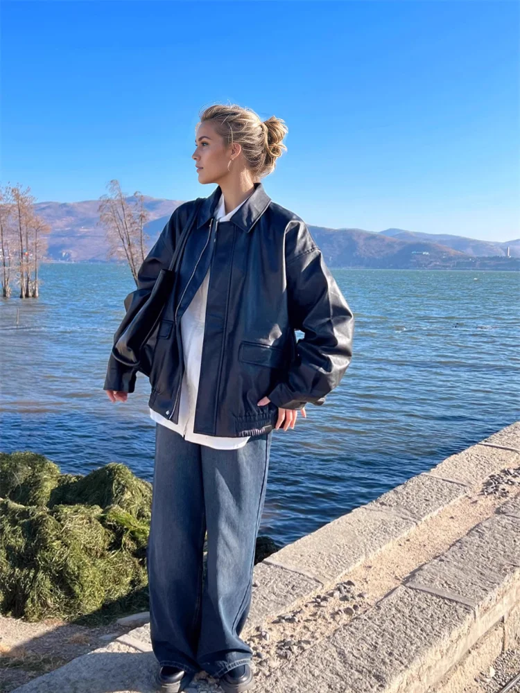 Lady Black Zip Up Patch Pocket Jacket Lapel Turn Down Collar Closure Casual Oversized Faux Leather Coat Women Chic Biker Outfits