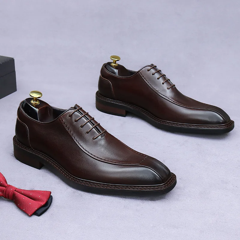 Chaussures en cuir de vachette peu profondes pour hommes, chaussures formelles d'affaires, cuir véritable, mode britannique, Oxford, mariage du marié, nouveau