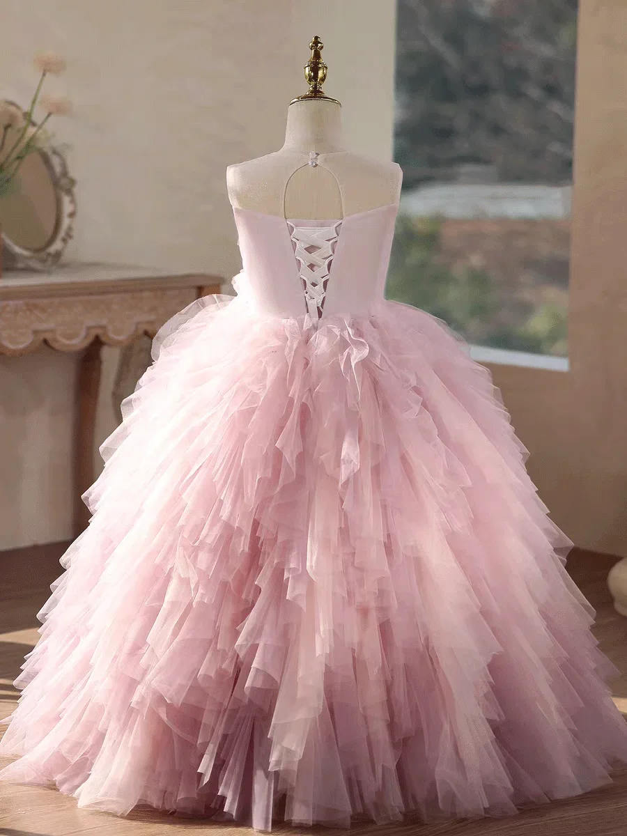 Custom JDY High Sweetheart 3D Flower Layered Tulle Flower Girl Dress Wedding Party Gown Birthday Party Dress Kids Pageant Dress