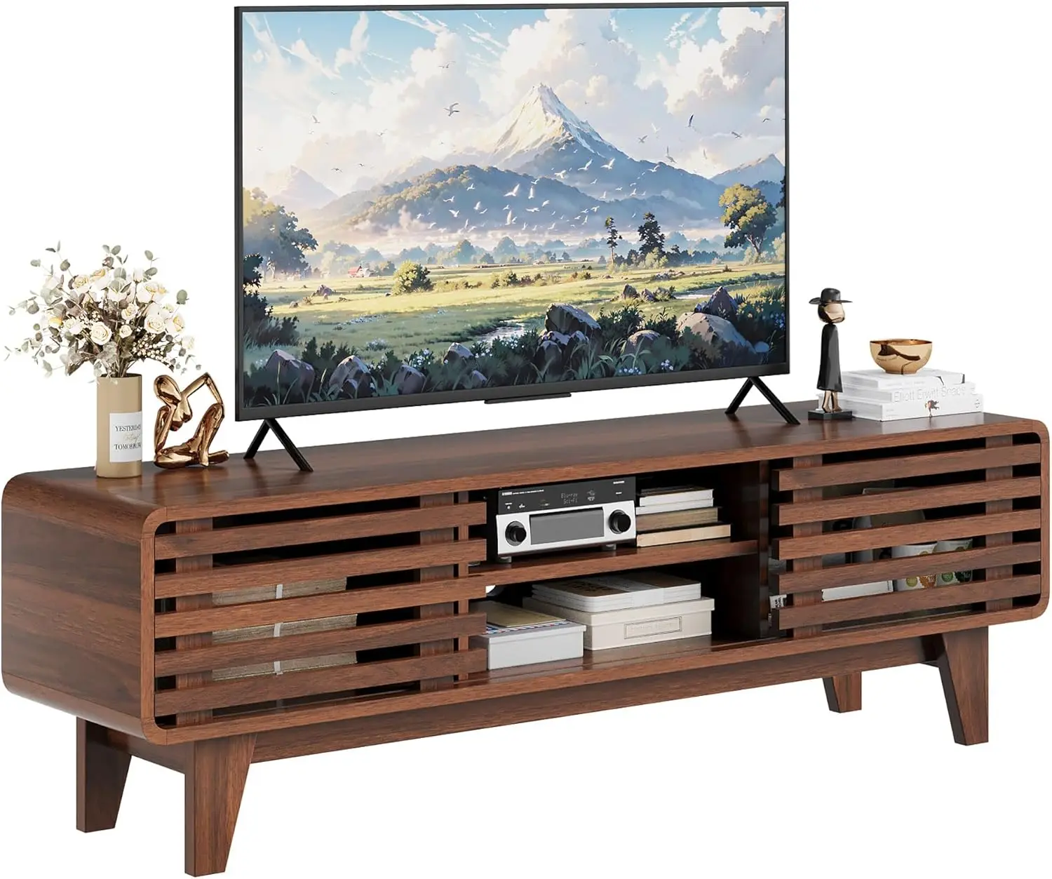 

Тумба под телевизор в стиле Mid-Century Modern 55 дюймов для ТВ 55, 60, 65 дюймов, медиаконсоль из орехового дерева с раздвижными дверцами-жалюзи, ретро-тумба для развлечений из дерева