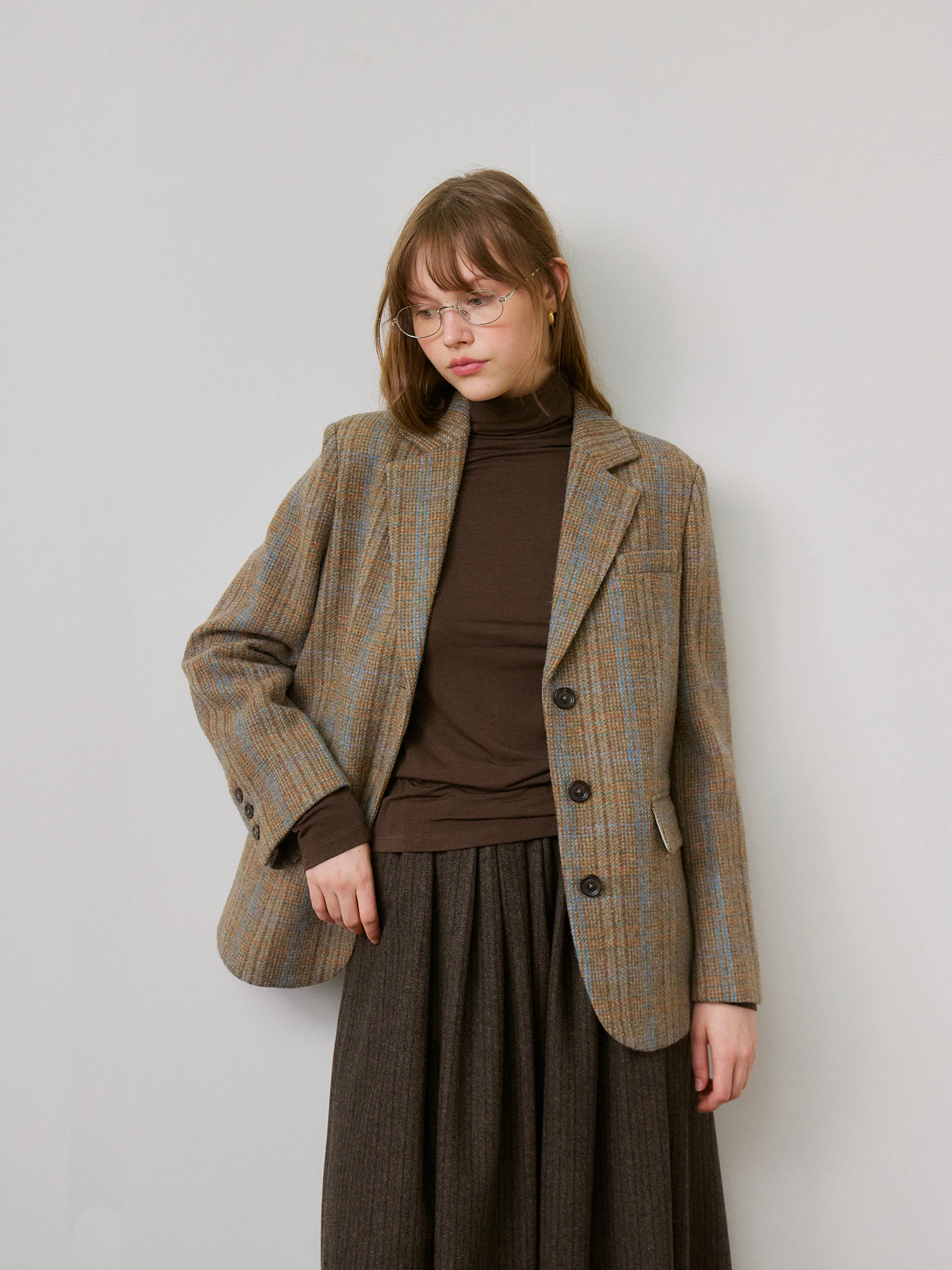 Retro Plaid Full Wool Casual Loose Short Suit Woolen Coat for Women Autumn Winter Commute Small Size Checkered Pattern