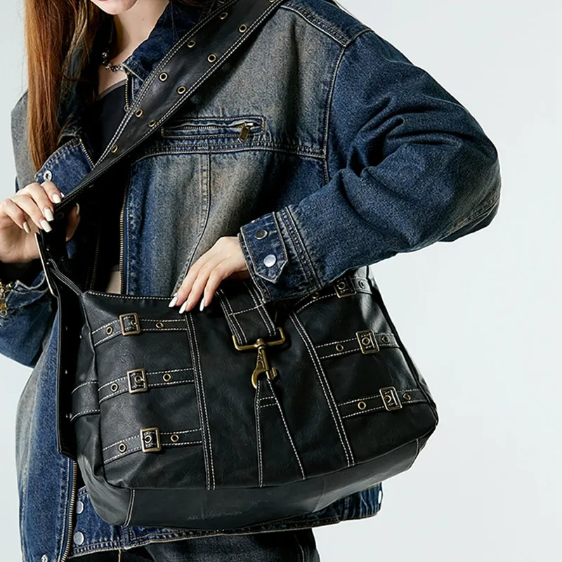 

Женская сумка-мессенджер Y2K, повседневная сумка-тоут в стиле панк тысячелетия тяжелой промышленности, молодежная сумка через плечо с широким плечевым ремнем и заклепками