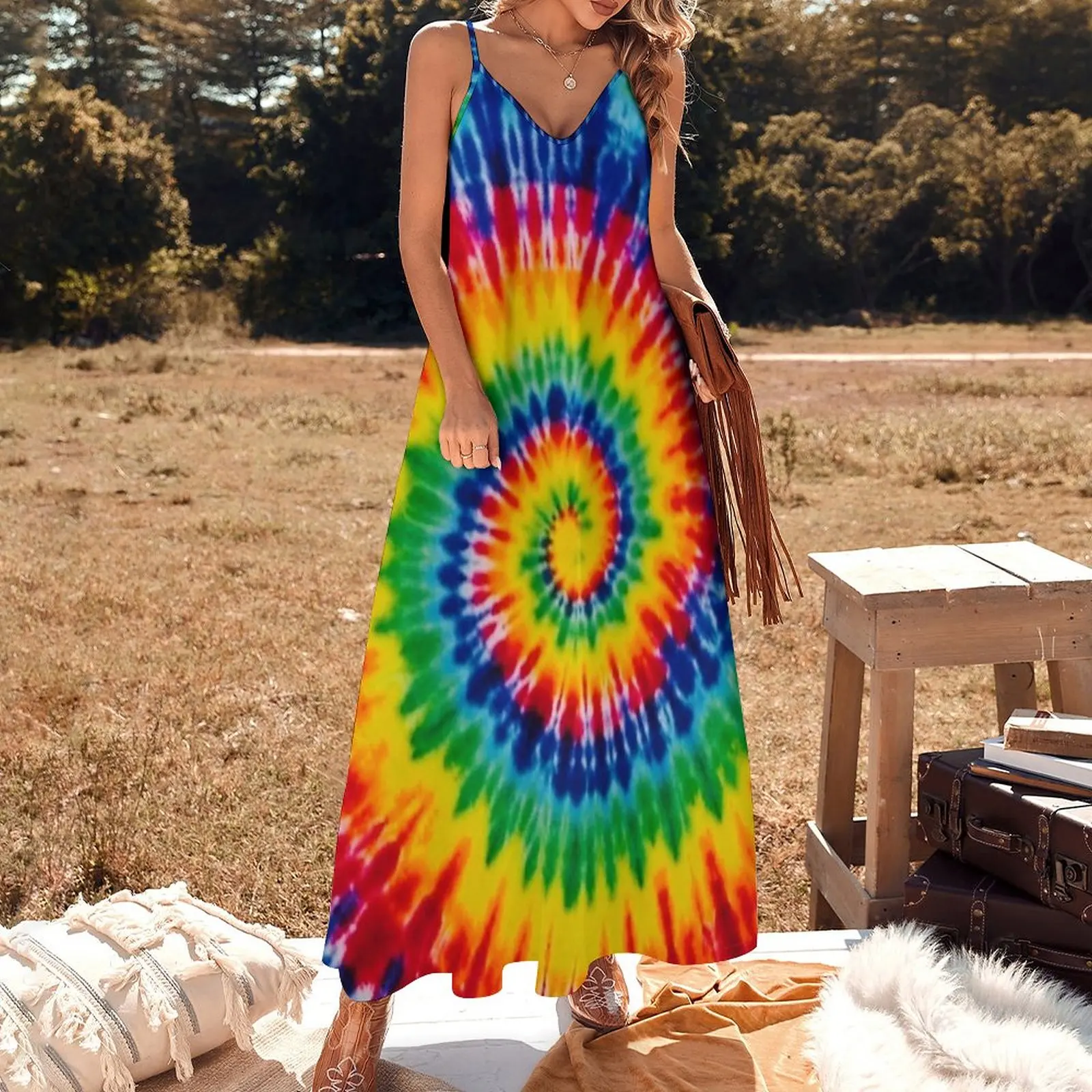 Vestido feminino sem mangas Tie Dye, vestidos de festa longos, luxo elegante