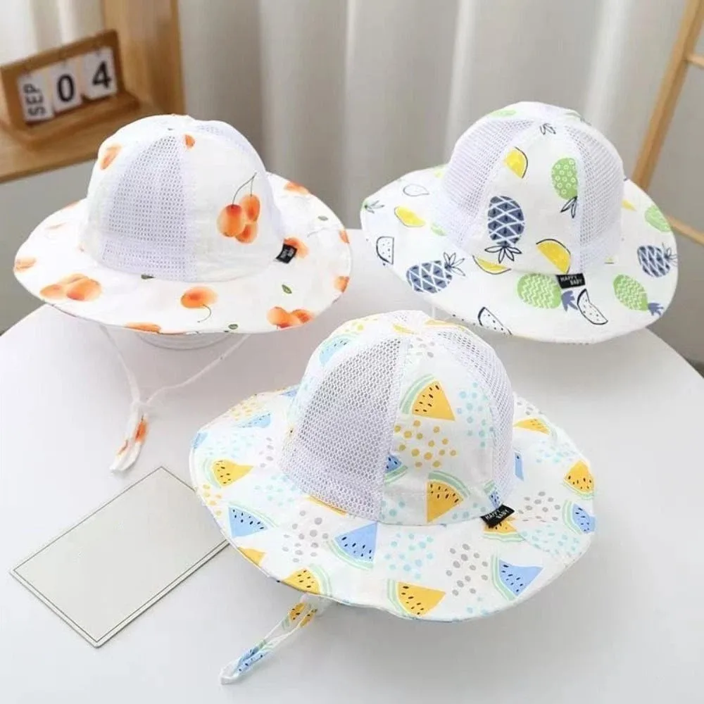

3-18 Month Cartoon Children Sun Hat Thin Fruit Print Baby Fisherman Cap Draw String Breathable Bucket Hat Outdoor Travel