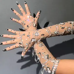 Luxurious Lace Sexy Gloves Stage Dance Stage Performance Arm Sleeves Female Flash Drilling Rhinestone full Finger Gloves crystal