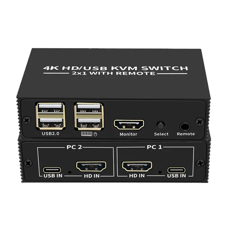 

HDMI KVM Switch 2x1 4K HDMI USB Selector 2 in 1 out with 4 Port Hub Desktop Controller Sharing Monitor Mouse Keyboard