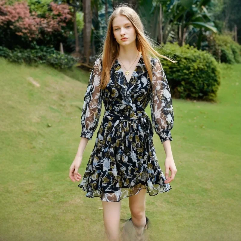 SE coréen Sle Fre Floral v-ne taille cintrée longue Sve Dr mi-longue jupe trapèze fibre de Polyester taille haute