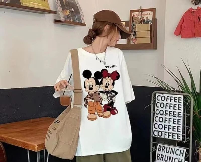 

2025 Disney American Mickey Mouse Printed T-Shirt Soft Top Girls Street Fashion Cotton Short Sleeves My Youth Makes Me