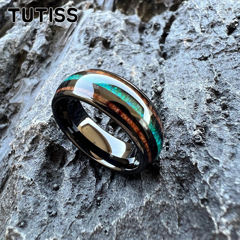 TUTISS 8mm Black Tungsten Ring for Men Women Engagement Wedding Band Fashion Jewelry Green Opal Koa Wood Inlay Comfortable Fit