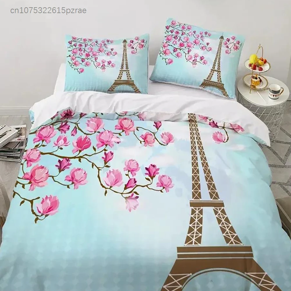 Eiffel Tower Duvet Cover Set King Size Vintage Beautiful World Famous Building Sakura Twin Polyester Bedding Set For Kids Girls