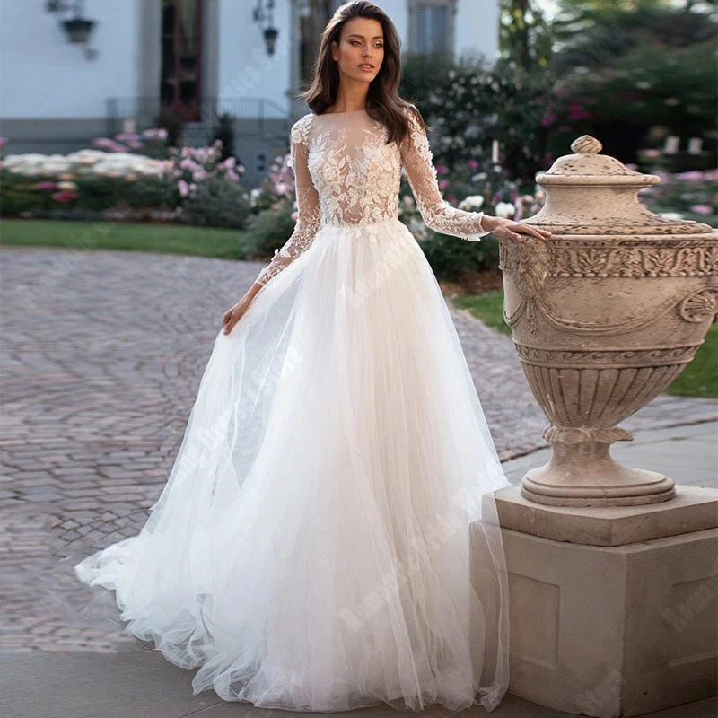 

Elegant Round Neck Women Wedding Dresses Newest Tulle Surface A-Line Lace Long Sleeves Gowns Princess Hems Mopping Length Robes