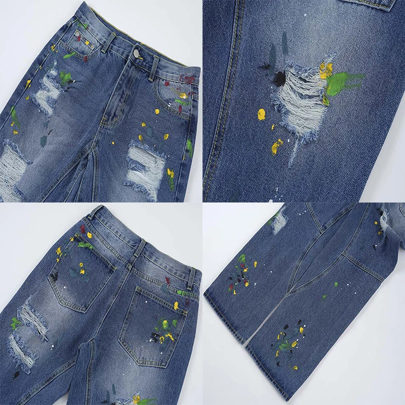 Jeans décontractés déFlexpour hommes et femmes, pantalons en denim vintage, capris fjCargo, micro trou en lambeaux, encre mouchetée, été 2023