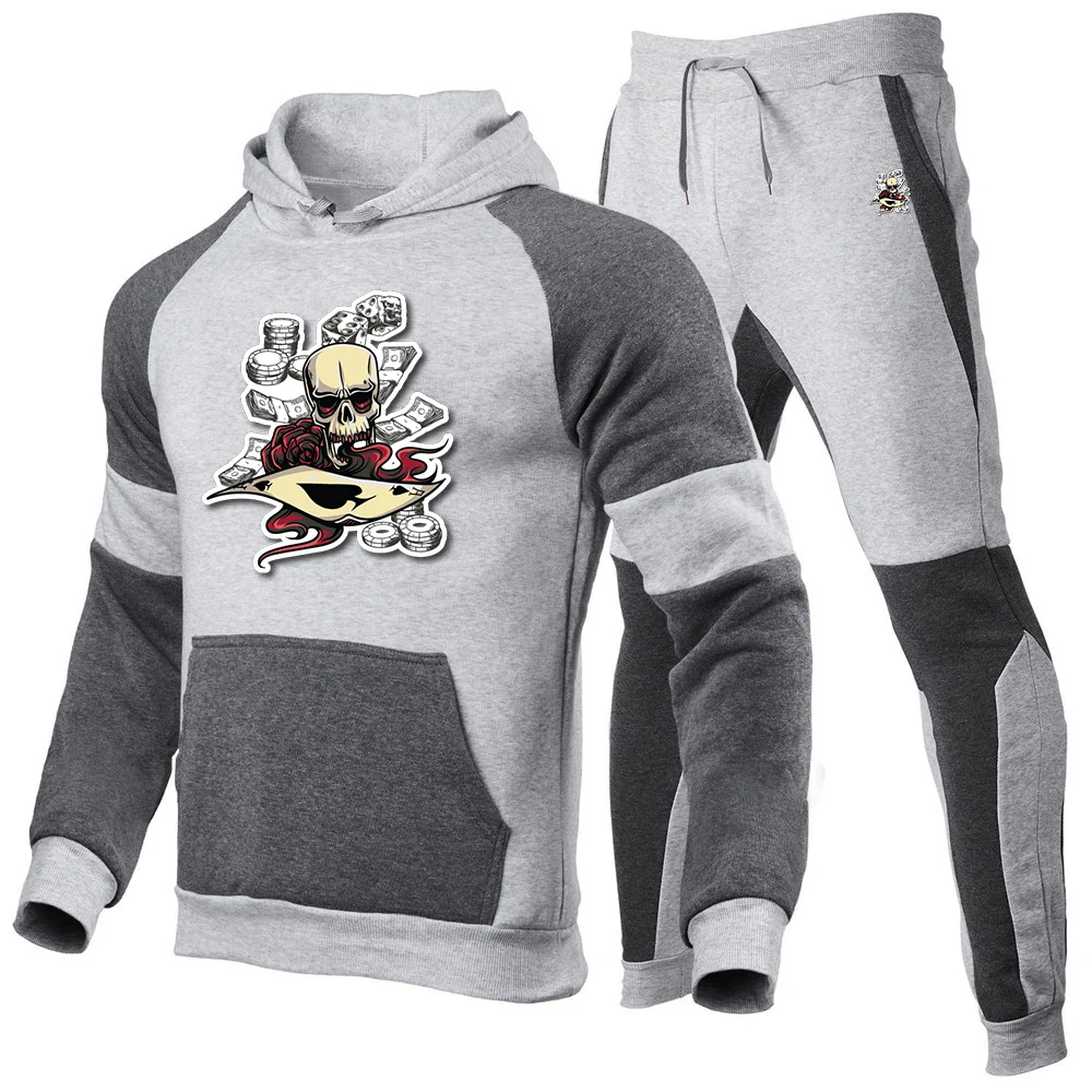 2025 Spring And Autumn Men's New Skull Poker chip Pattern Fashion Patchwork Hoodies+Sports Long Pants Trendy Suit