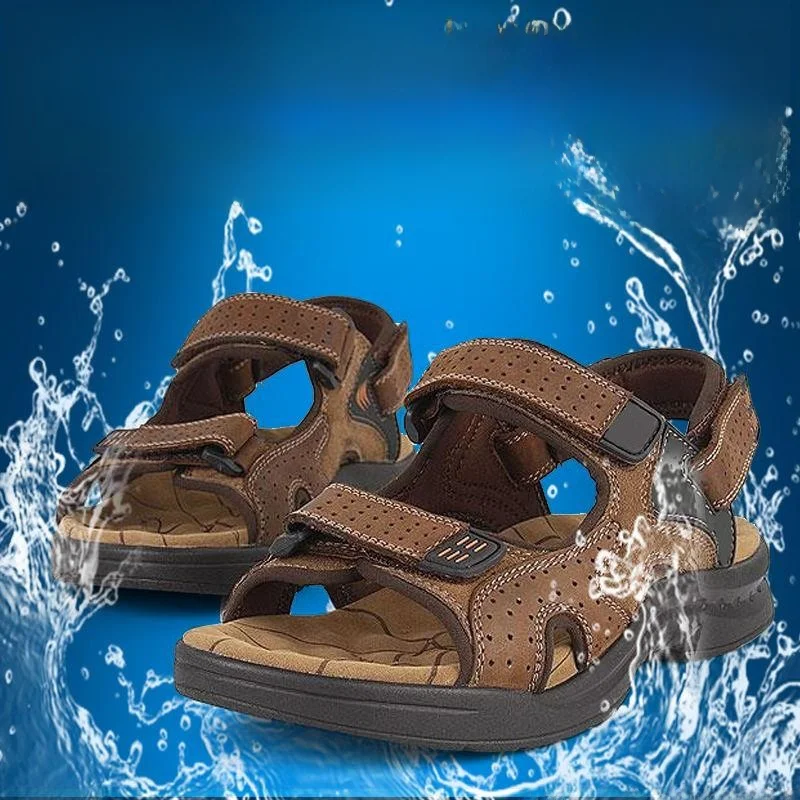 صنادل رجالية من الجلد الطبيعي، أحذية شاطئ جديدة للصيف، أحذية خارجية مضادة للانزلاق، شباشب مريحة وقابلة للتنفس، أحذية كاجوال