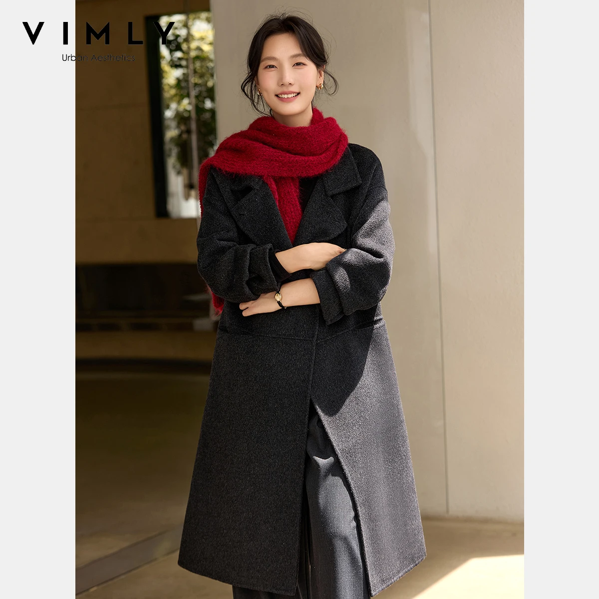 

VIMLY женские зимние серые длинные пальто в стиле Old Money 2025 шерстяные куртки с воротником с лацканами и длинными рукавами элегантное женское пальто 50866