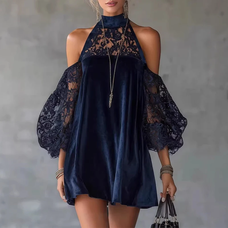 Sexy Sweet Lace Velvet Dress for Women Cold Shoulder Loose Stand Collar Hollow Out Lantern Sleeves Elegant Evening Maxi Dresses