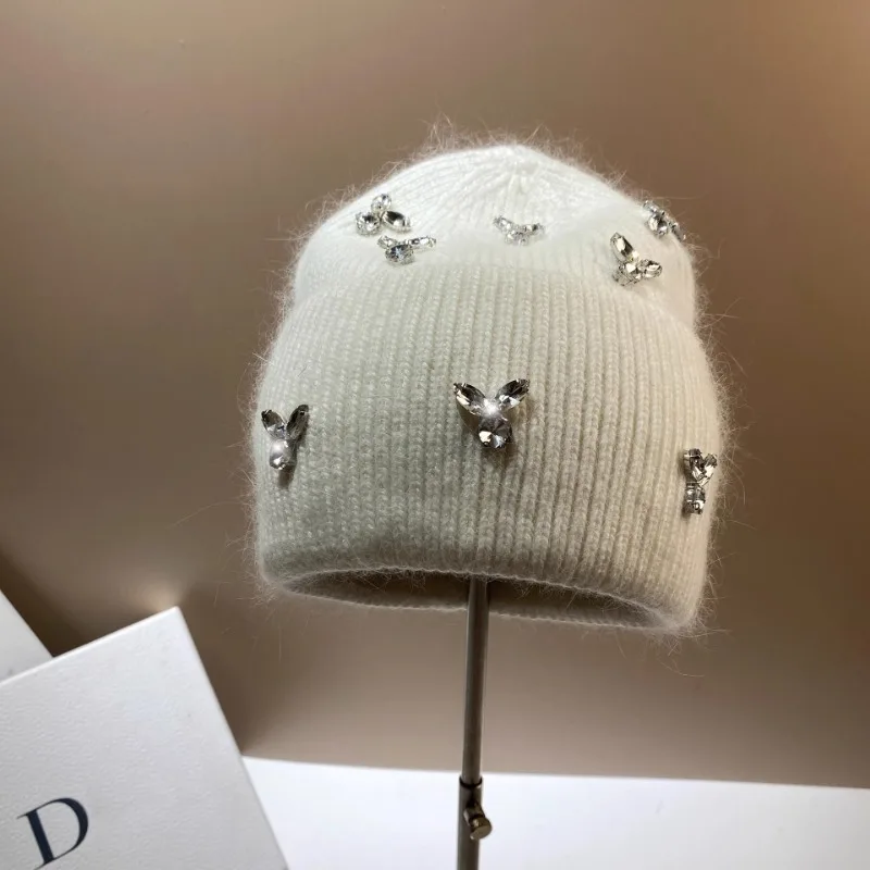 

Solid Color Real Rabbit Fur Beanies Winter Hats for Woman Luxury Rhinestones Knit Bonnet Lady Autumn Winter Warm Skullies