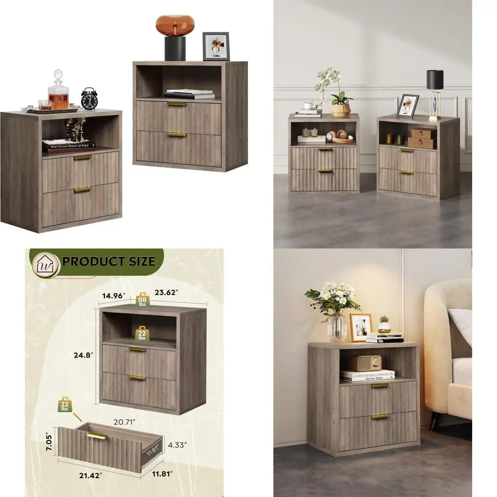 Narrow Farmhouse Nightstand Set of 2 with Storage Drawers and Open Shelf, Wood Nightstands for Bedside Storage