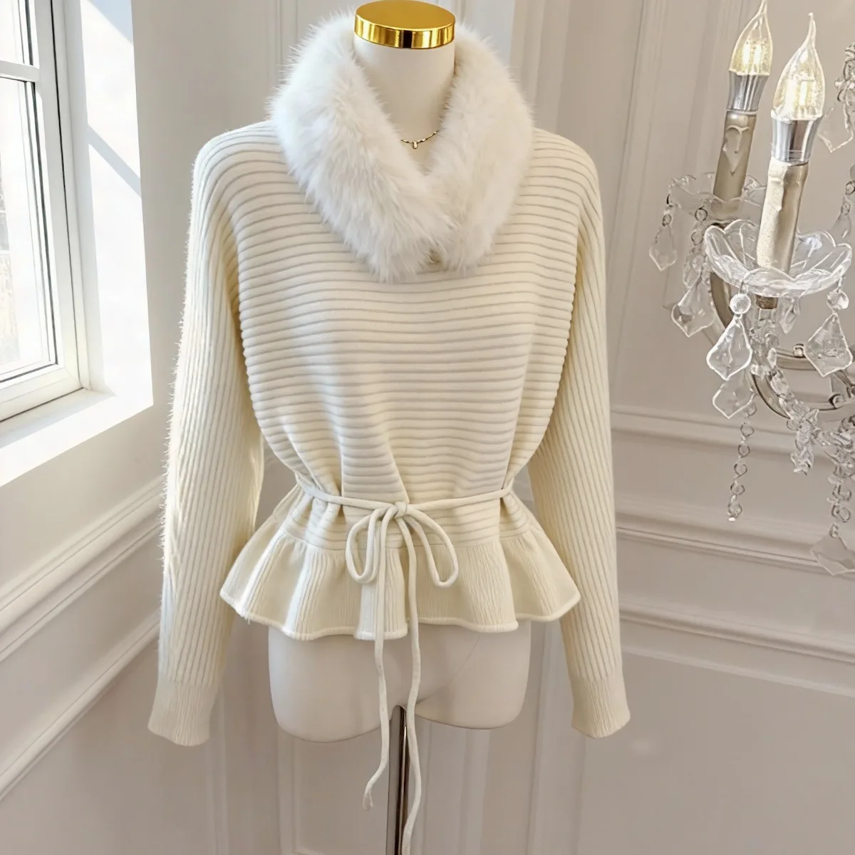 Tie-Dye Knitted Sweater with Faux Fur Collar Detachable Autumn Winter New Sle Warm Casual Loose Fit Long Sve Women's Top