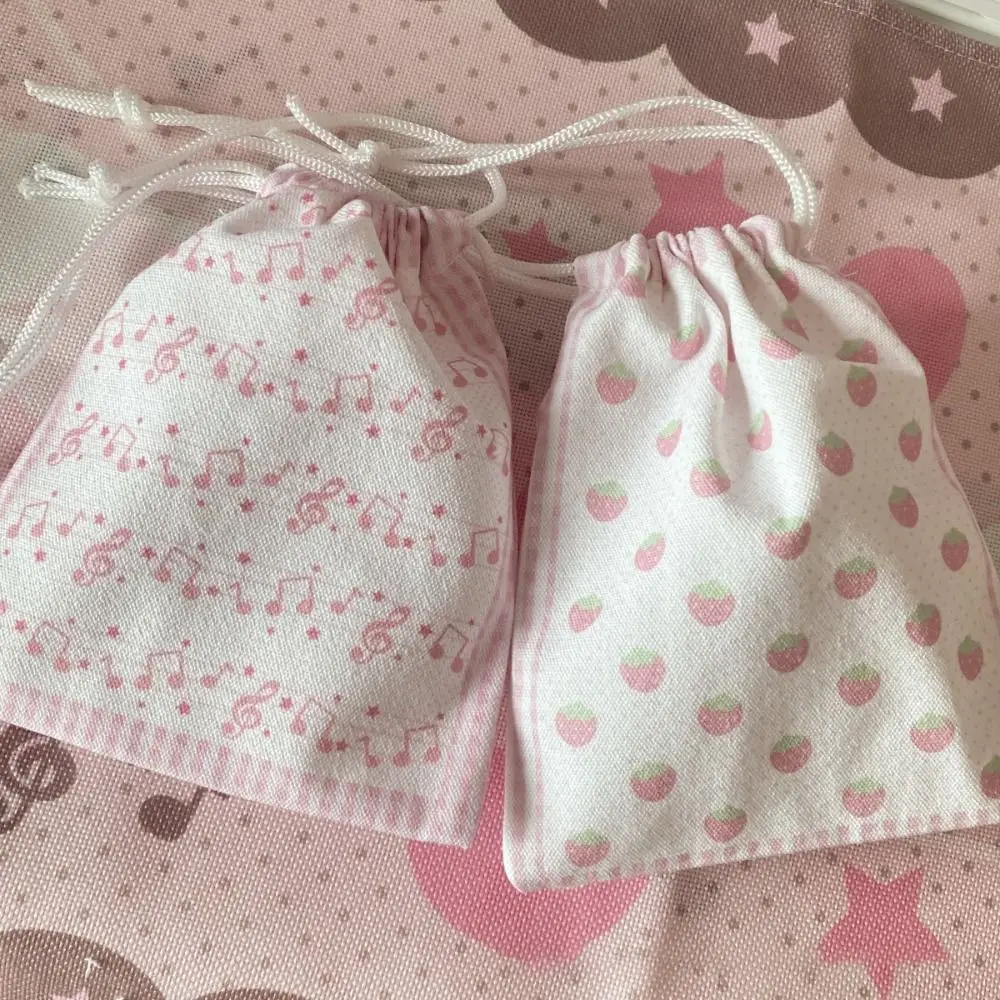 New Strawberry Musical Note Drawstring Bag Large Capacity Portable Coin Purse Canvas Cartoon Makeup Storage Pouch