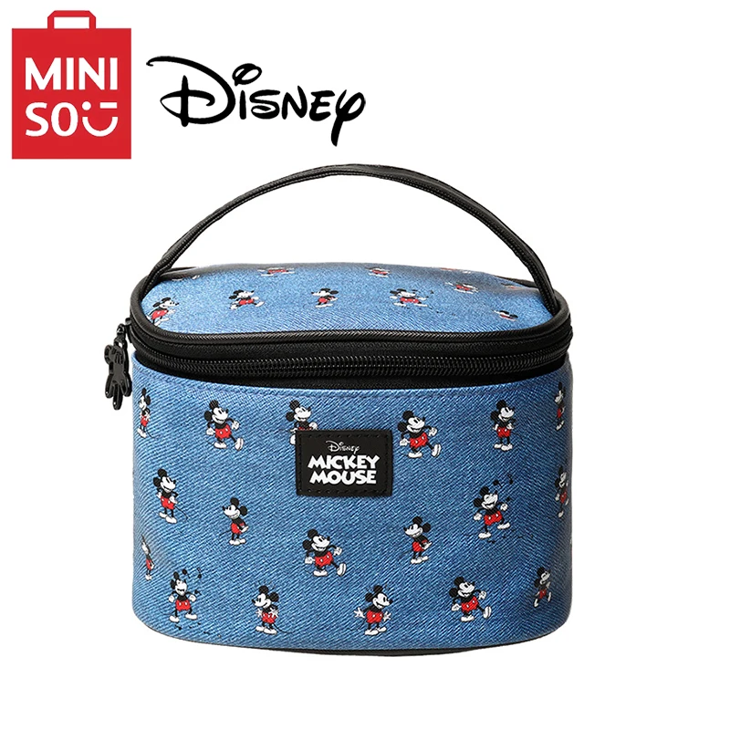 MINISO Disney Series Mickey Print Waterproof Handheld Round Bucket Makeup Bag Cartoon Cute Large Capacity Storage Wash Bag