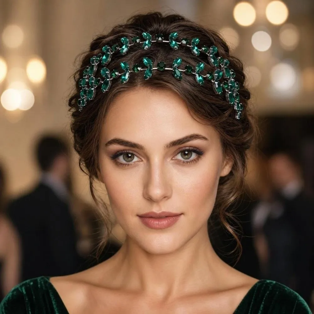 Beautiful Double Layer Rhinestone Leaf Hairband Green Exquisite Leaf Bridal Tiaras Shiny Elegant Wedding Headdress Prom Event