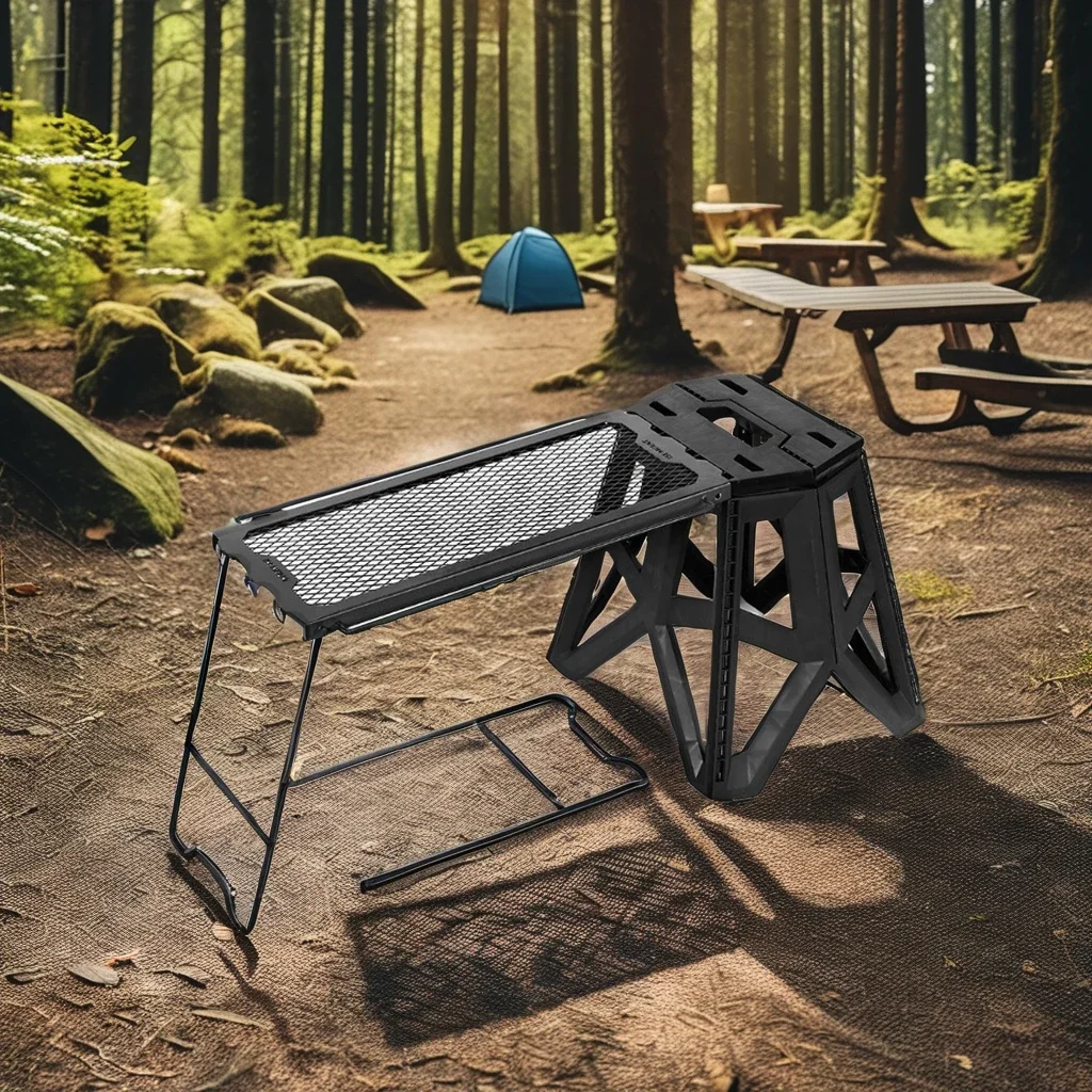 Camping Stool And Table, Folding Table Metal Mesh Desktop Storage Rack, Collapsible Stool Folding Stool For Outdoor