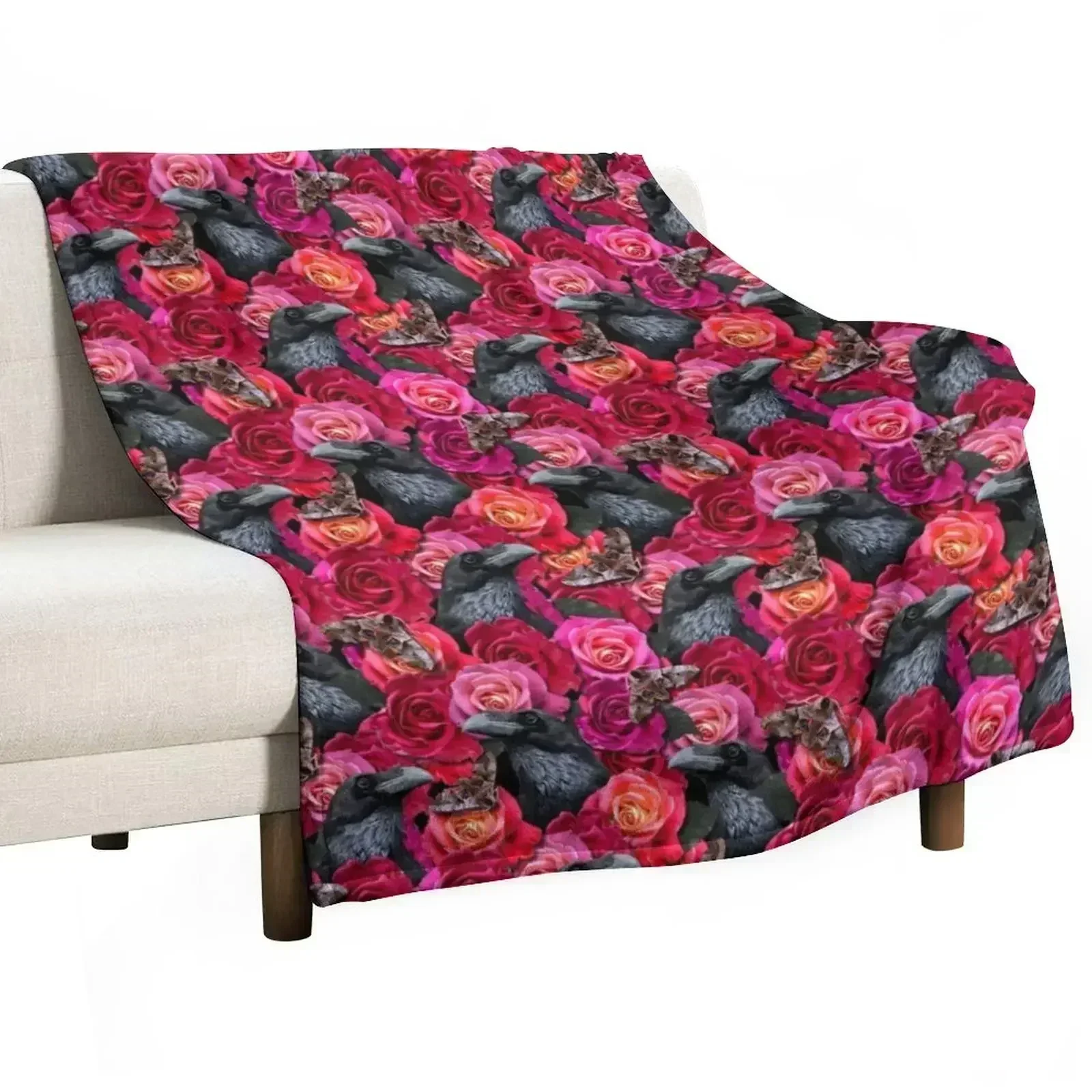 Raven Evermore with Roses and Hawkmoths Gothic Pattern by Moose Disco Throw Blanket for winter cosplay anime Nap Blankets