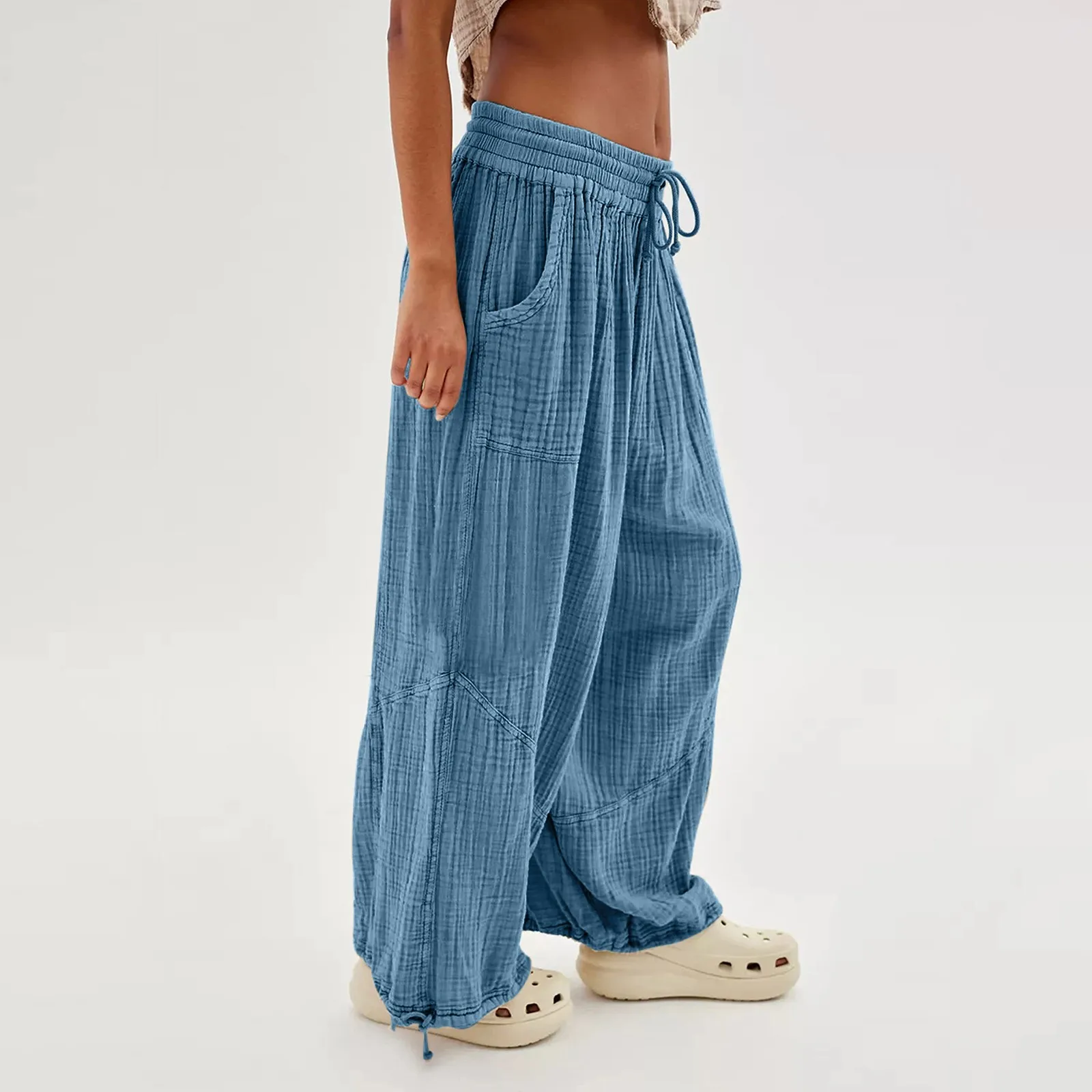 Women Harem Pants Summer Casual Vintage Cotton Linen Pants Elastic Waist Wide Leg Retro Loose Pockets Female Mom Trousers 2023