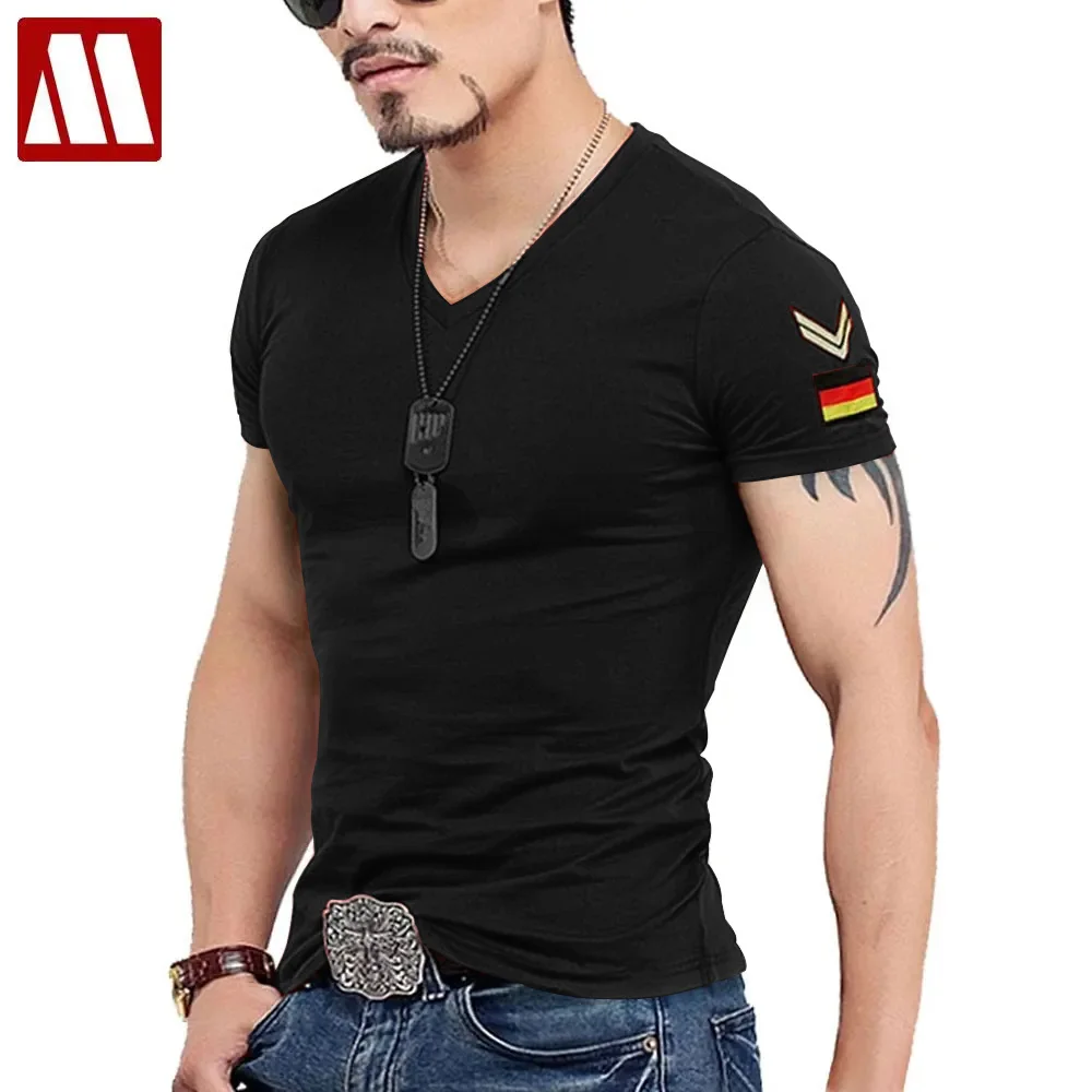 Summer Casual Slim Fit V Neck T Shirts for Men Armband Men\'s T-shirt Cotton Tshirt Clothing Short Sleeve Army Green Plus Size