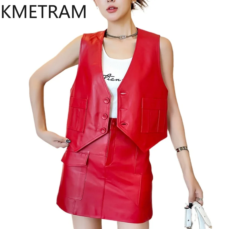 KMETRAM Genuine Leather Skirt Set Womens Two Peice Sets 2024 Fashion Real Sheepskin Vest Elegant Skirts for Woman Clothes Autumn