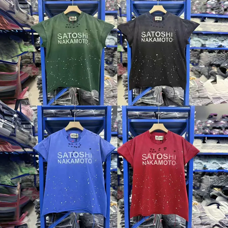 Men Women Washed Vintage Splatter Print Satoshi Nakamoto Sleeveless T-shirt Distressed Hole Design Gradient Color Loose Tank Top